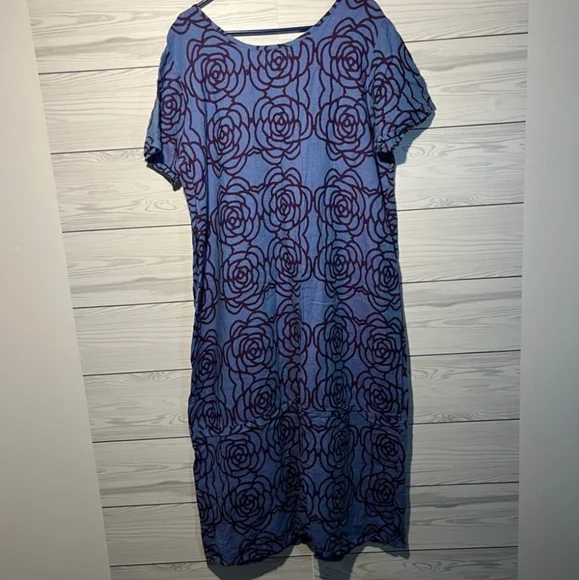 FLAX Linen Maxi Dress Blue Purple Flower Design Large - Picture 2 of 6